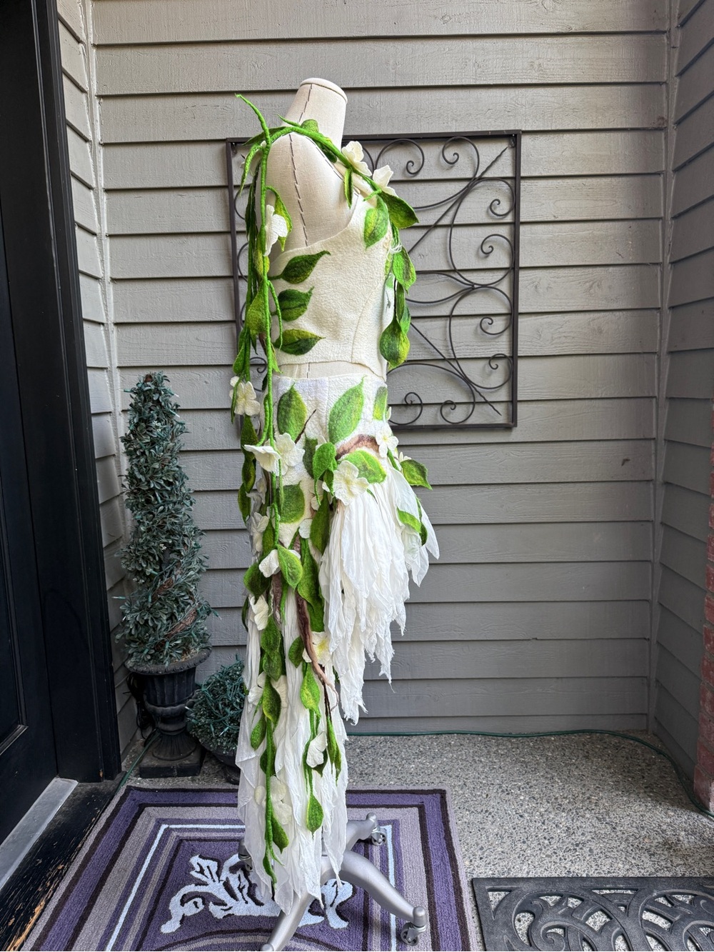 OOAK Handmade Felted Fairy Costume Leaf Draped Dress White & Green Size: Small - Picture 3 of 8